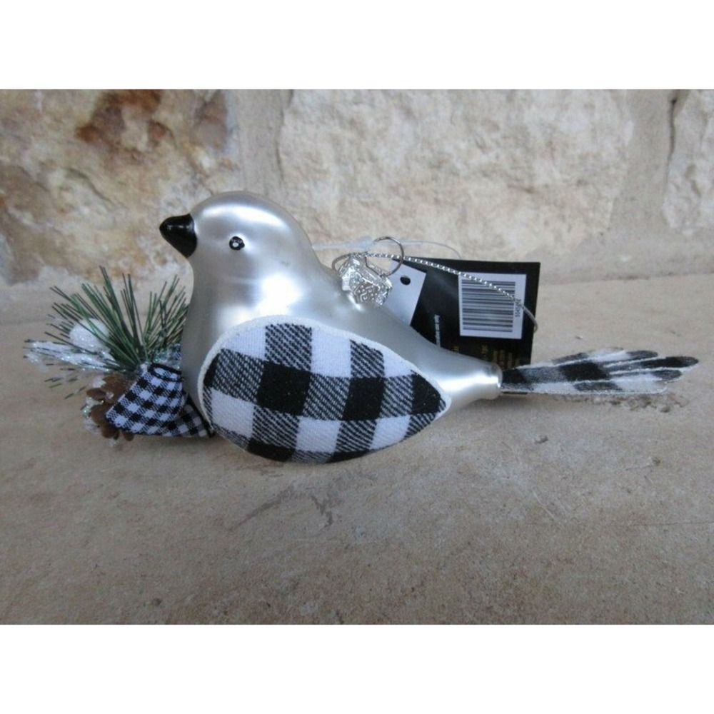 Robert Stanley Silver Bird Buffalo Check Blown Glass Christmas Ornament